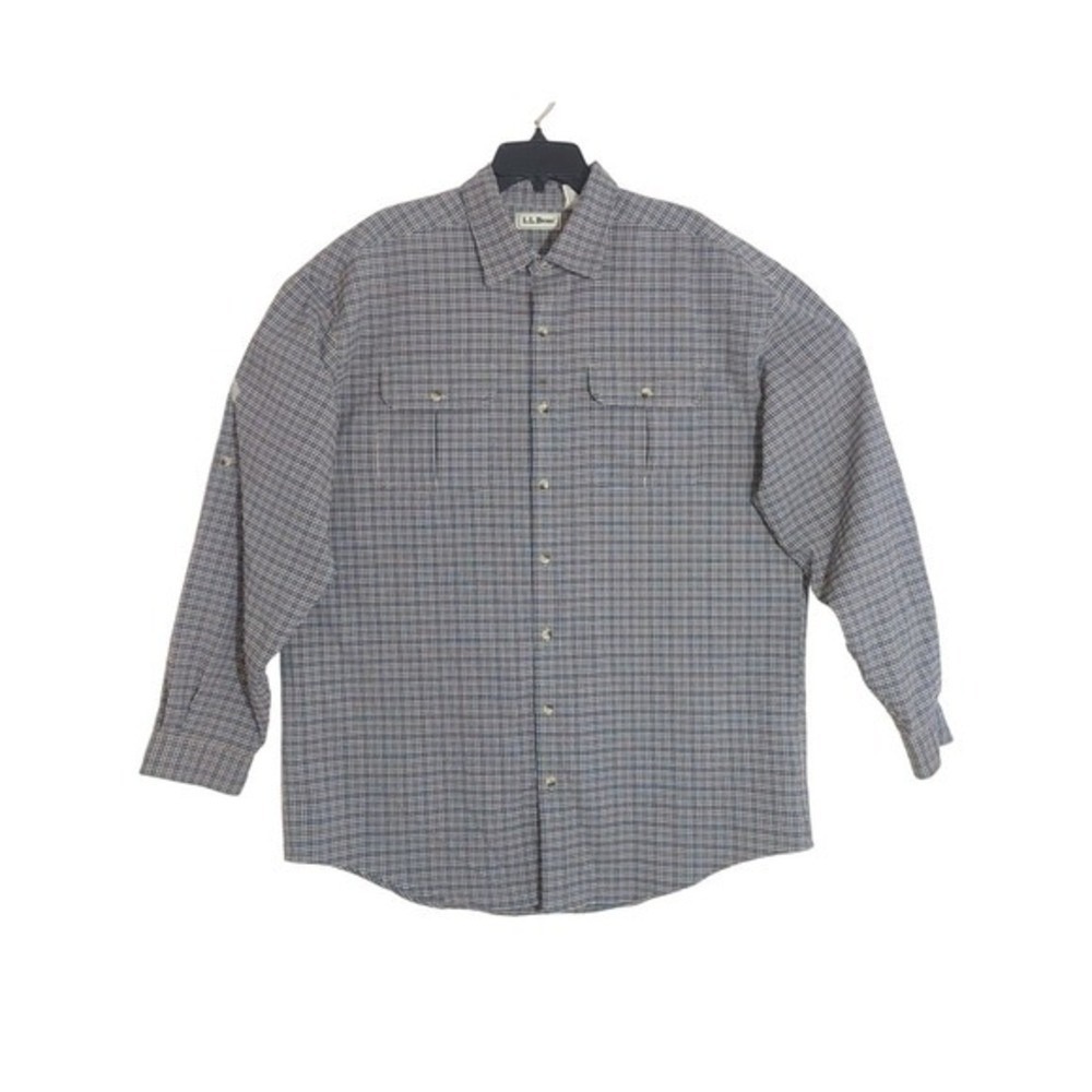 L.L. Bean Plaid Long Sleeve Button Up Shirt Work Utility XL Tall Green Blue EUC